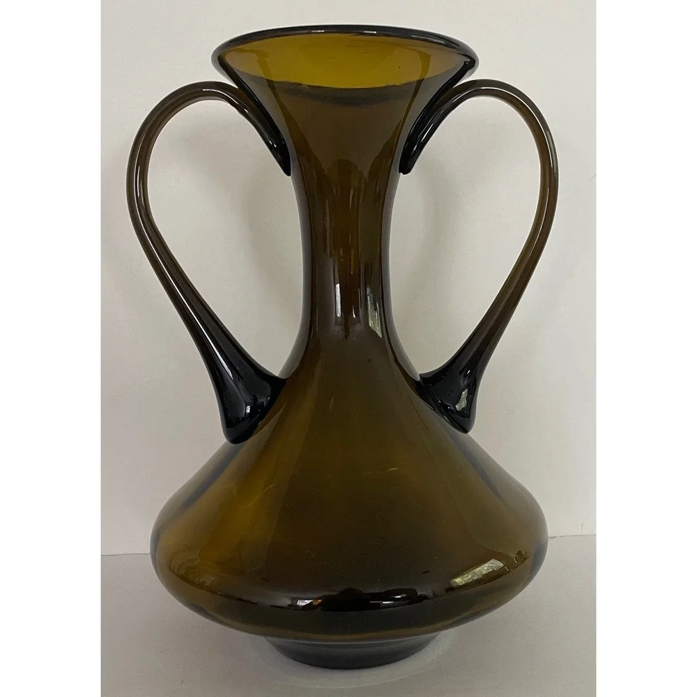 Vtg Mid Century Modern Empoli Glass Double Handle Hand Blown Olive‎ Brown 10.5